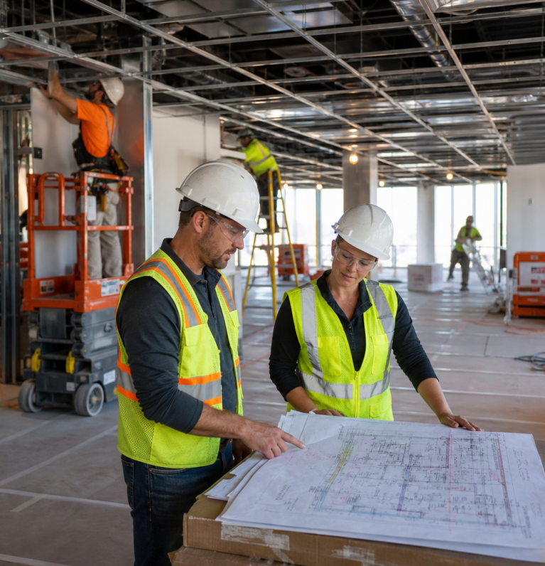 Commercial interior build out in progress with team reviewing plans