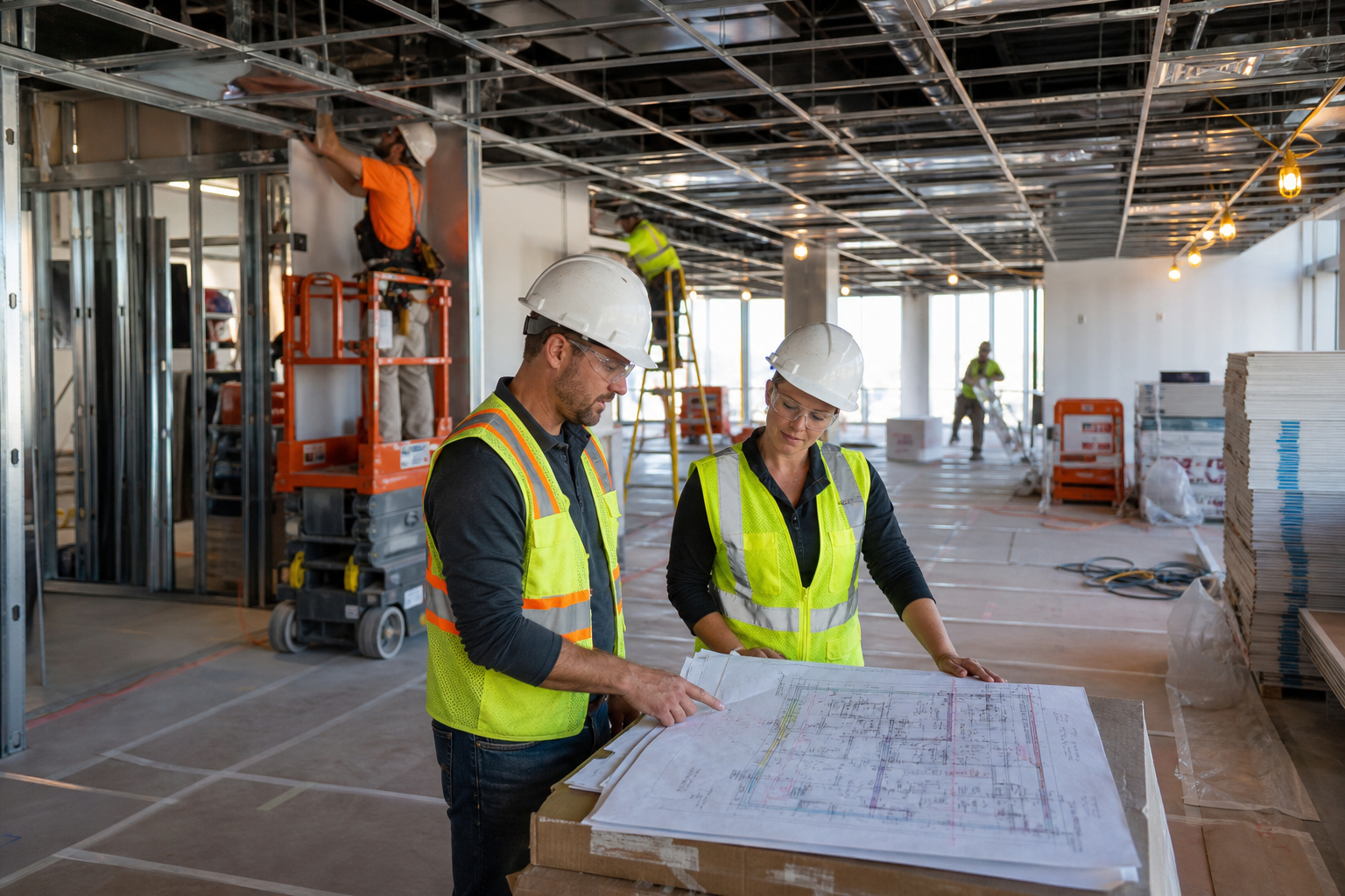 Commercial interior build out in progress with team reviewing plans
