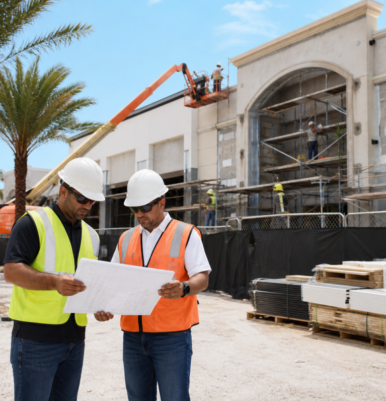 Florida commercial exterior construction with crews on scaffolding