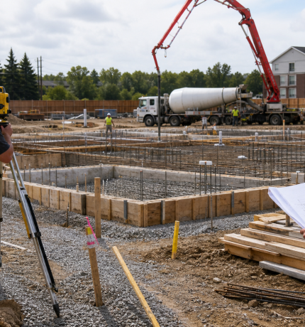 Foundation and site preparation work with survey and concrete activity