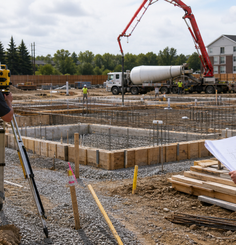 Foundation and site preparation work with survey and concrete activity
