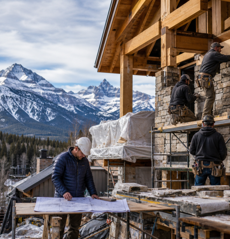 Jackson Hole mountain home stonework in progress with construction crew