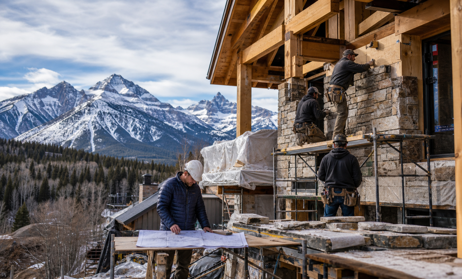 Jackson Hole mountain home stonework in progress with construction crew