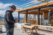 Active mountain home framing with project lead reviewing work on site