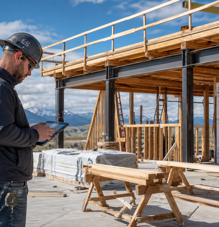 Active mountain home framing with project lead reviewing work on site