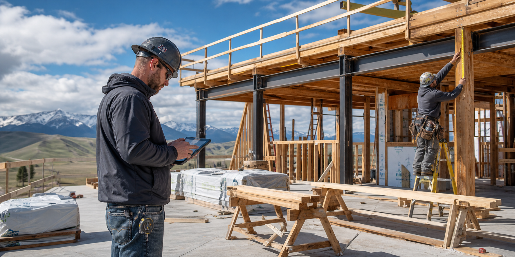 Active mountain home framing with project lead reviewing work on site