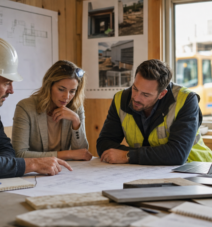Owner representation meeting with plans and active jobsite visible
