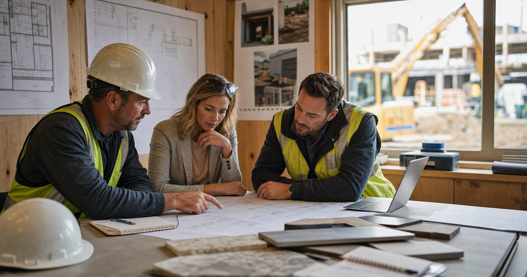 Owner representation meeting with plans and active jobsite visible