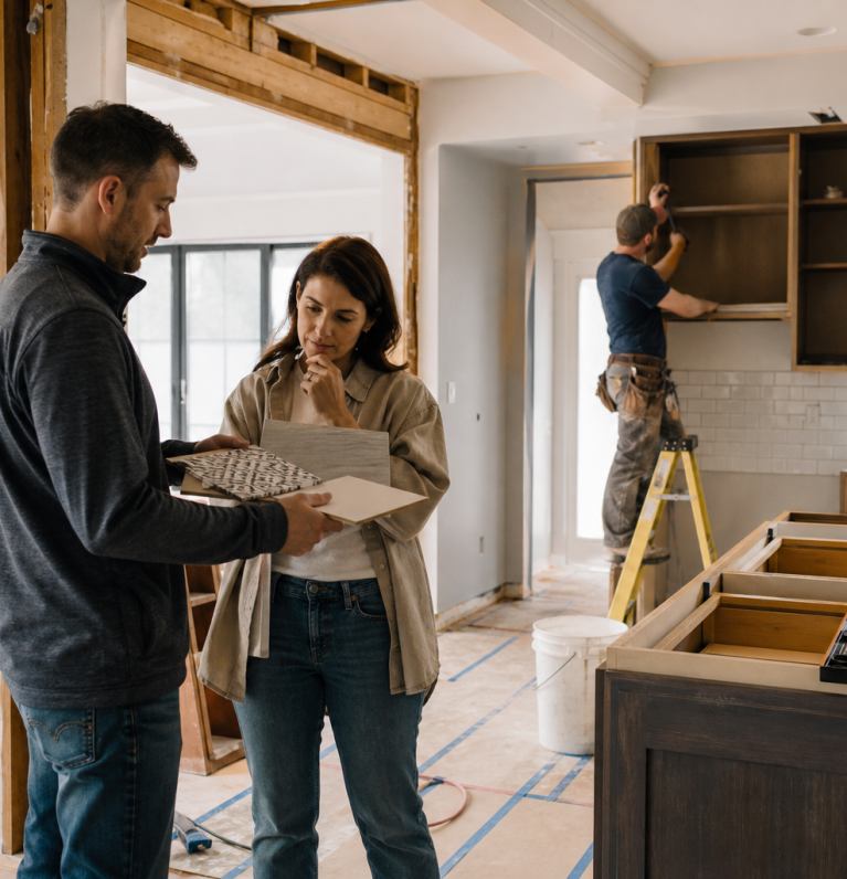 Residential renovation in progress with contractor reviewing finishes