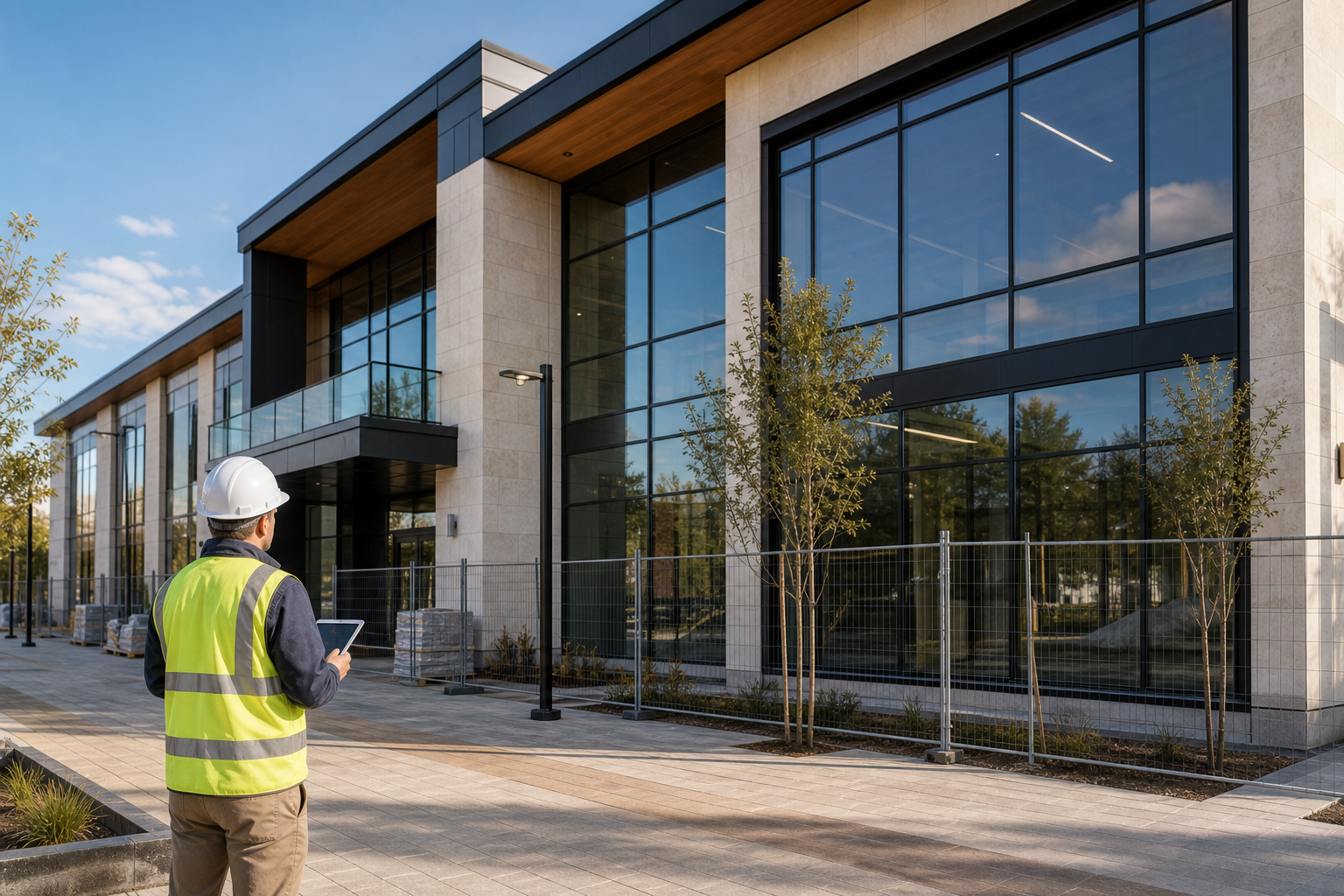 Commercial exterior quality control with construction team on site