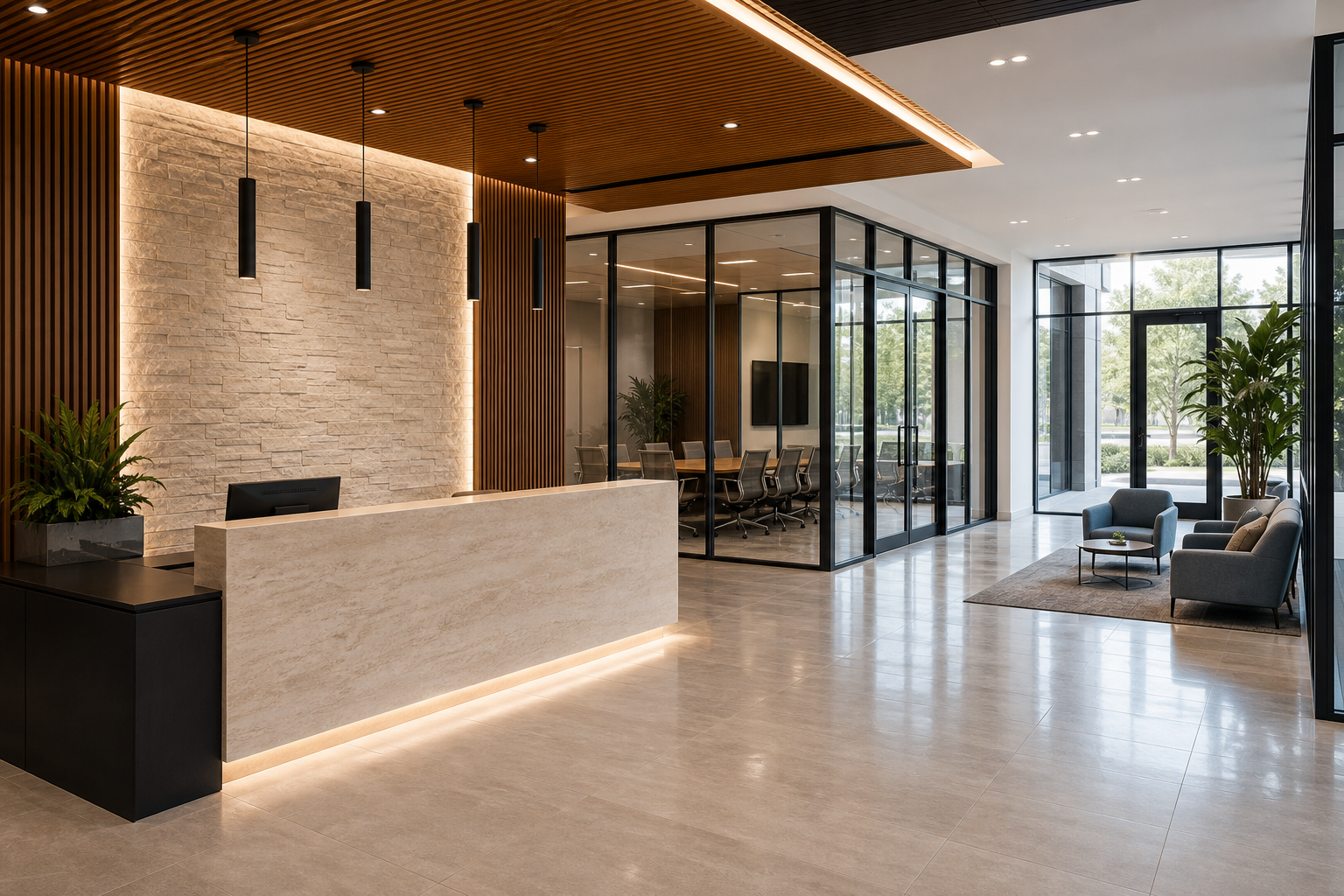 Completed commercial lobby with premium interior finishes