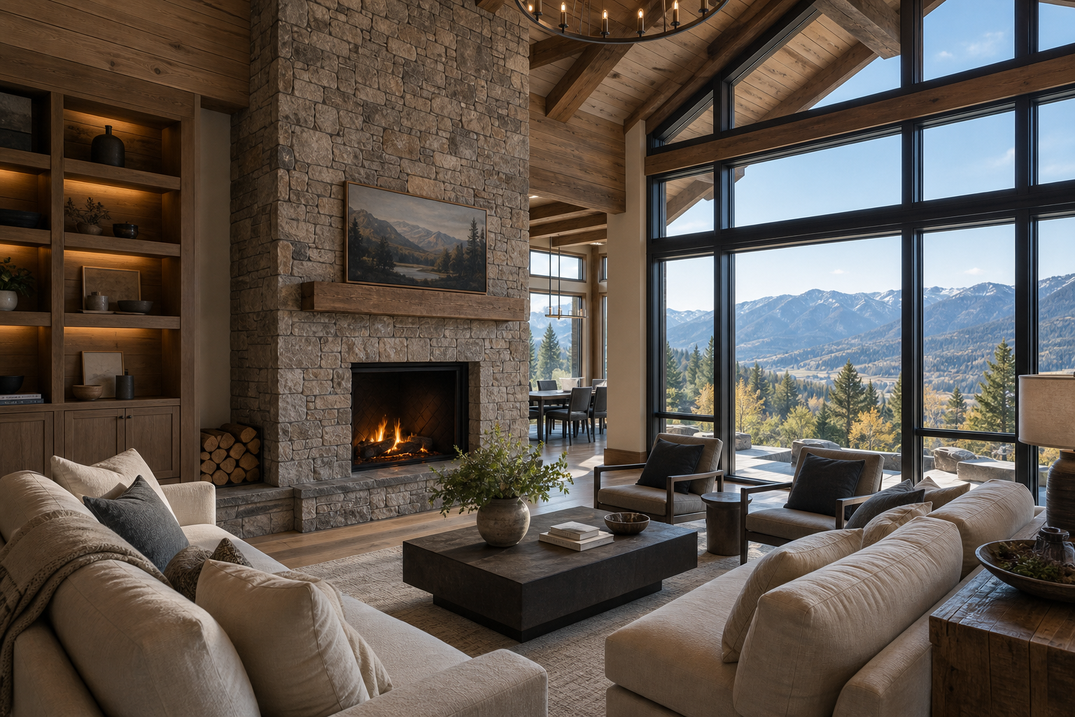 Completed mountain modern living room with stone fireplace