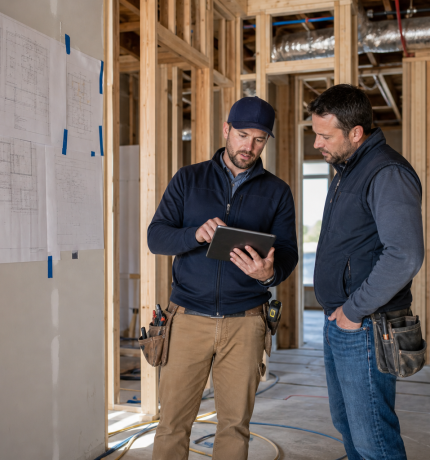 Construction team coordinating work on an active jobsite