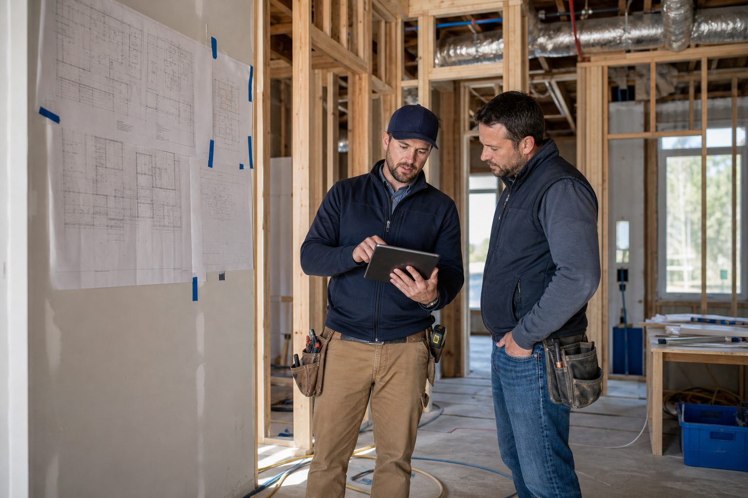 Construction team coordinating work on an active jobsite