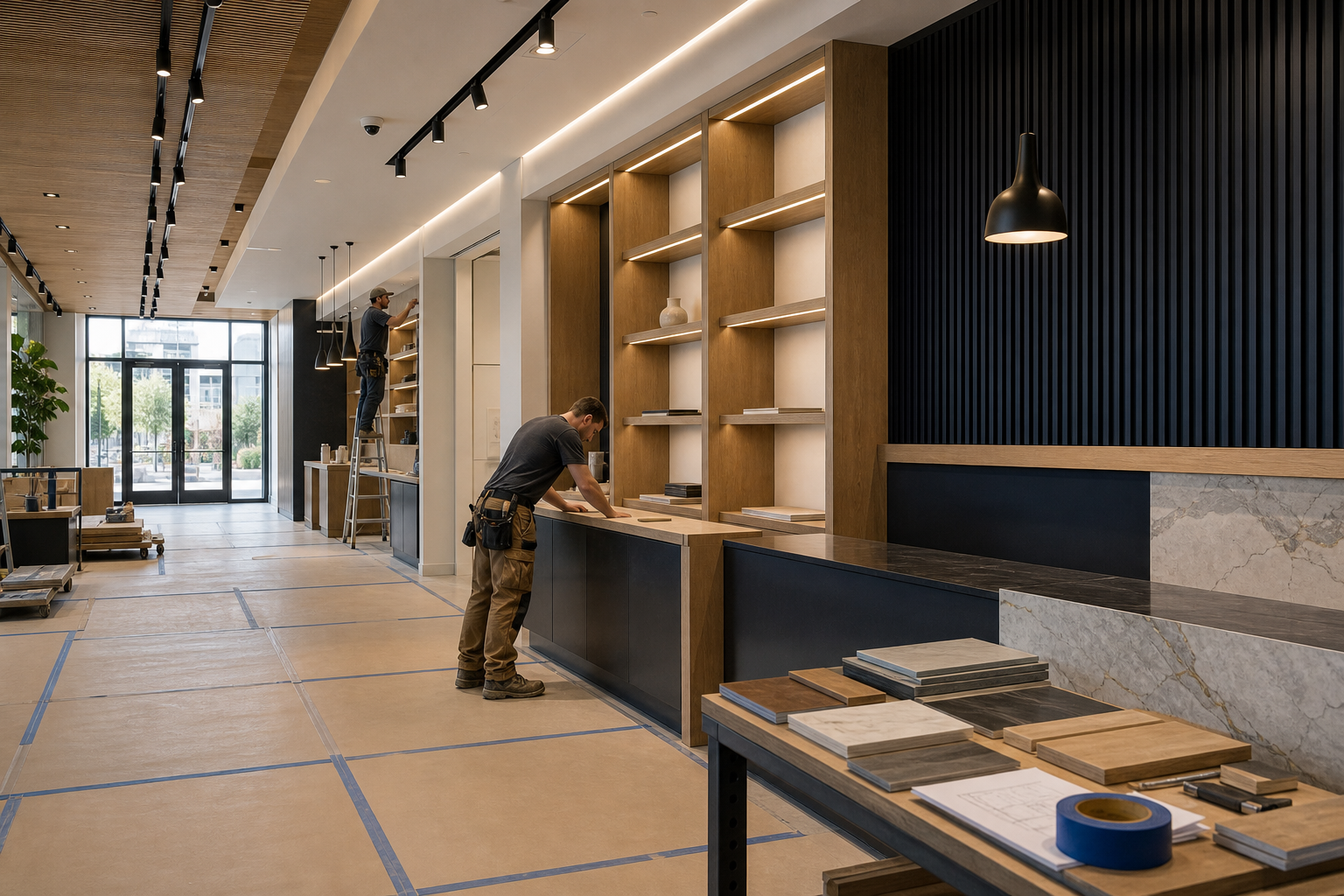 Interior build out with millwork, finish samples, and protected floors