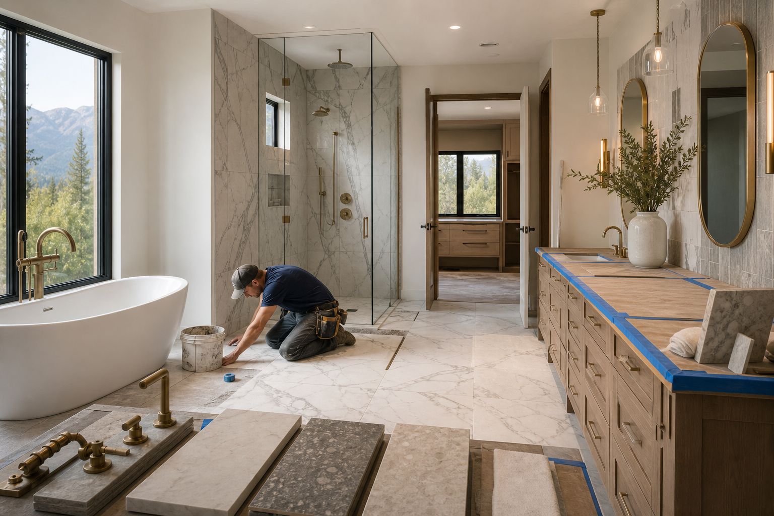 Luxury bathroom renovation in progress with protected work area