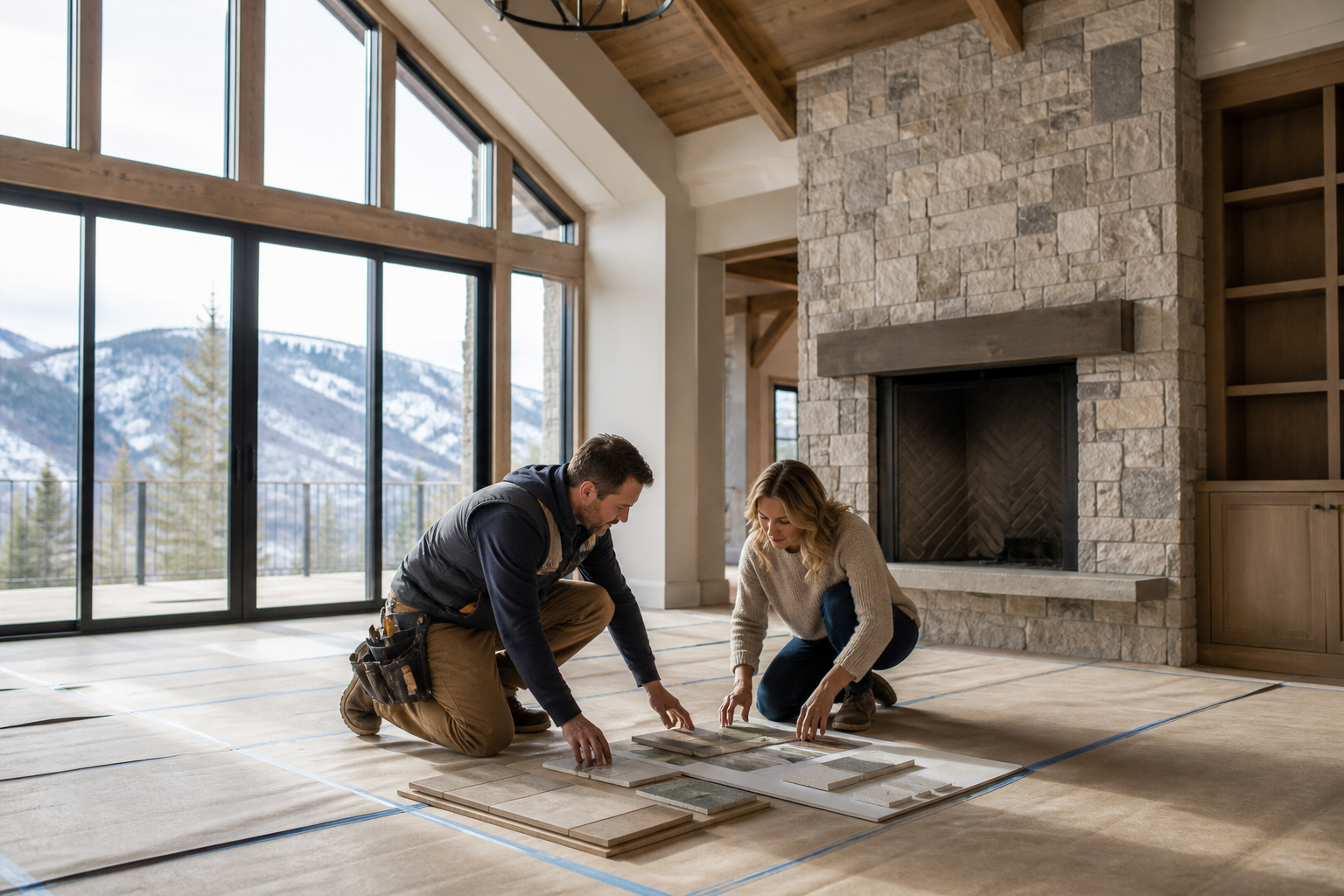 Residential construction finish planning inside a mountain home